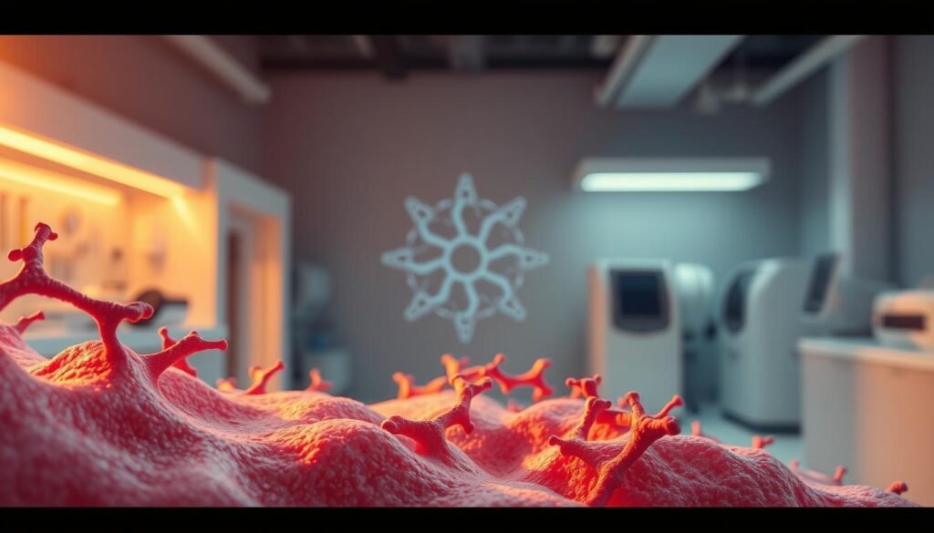 A crisp, high-resolution image showcasing the scientific validation of collagen activation by derBeaute's innovative BTL Exion technology. Visible in the foreground is a microscopic close-up of collagen fibers, their intricate structure and density clearly defined under a sharp lens. The middle ground features a stylized molecular diagram illuminating the key biological mechanisms at play. In the background, a clean, minimalist laboratory setting with state-of-the-art scientific equipment conveys the rigorous clinical testing behind this derBeaute innovation. Warm studio lighting casts a subtle glow, highlighting the vitality and resilience of the collagen network. An atmospheric, almost ethereal quality permeates the scene, conveying the transformative power of this cutting-edge skincare technology.