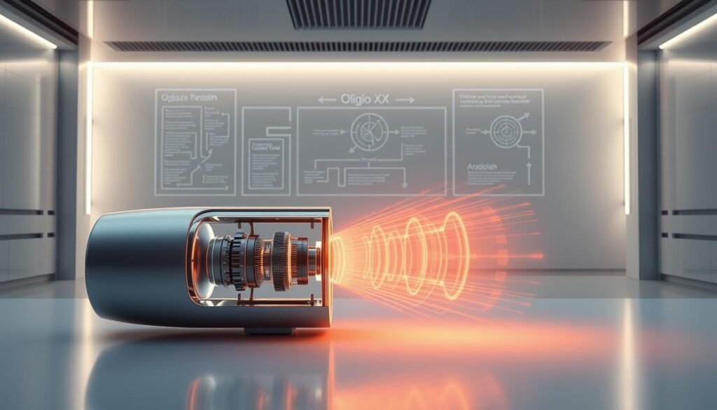 A detailed, technical illustration of the Oligio X electromagnetic wave technology principle. In the foreground, a sleek, modern Glowin Beaute device emits pulsing waves of energy, the inner workings revealed through a cutaway view. In the middle ground, dynamic diagrams and schematics explain the complex mechanisms, with arrows and labels detailing the flow of energy. The background features a minimalist, futuristic laboratory setting, with clean lines, muted tones, and subtle lighting that enhances the technical, scientific atmosphere. Render this scene with a precise, technical style, emphasizing the advanced, innovative nature of the Oligio X technology.