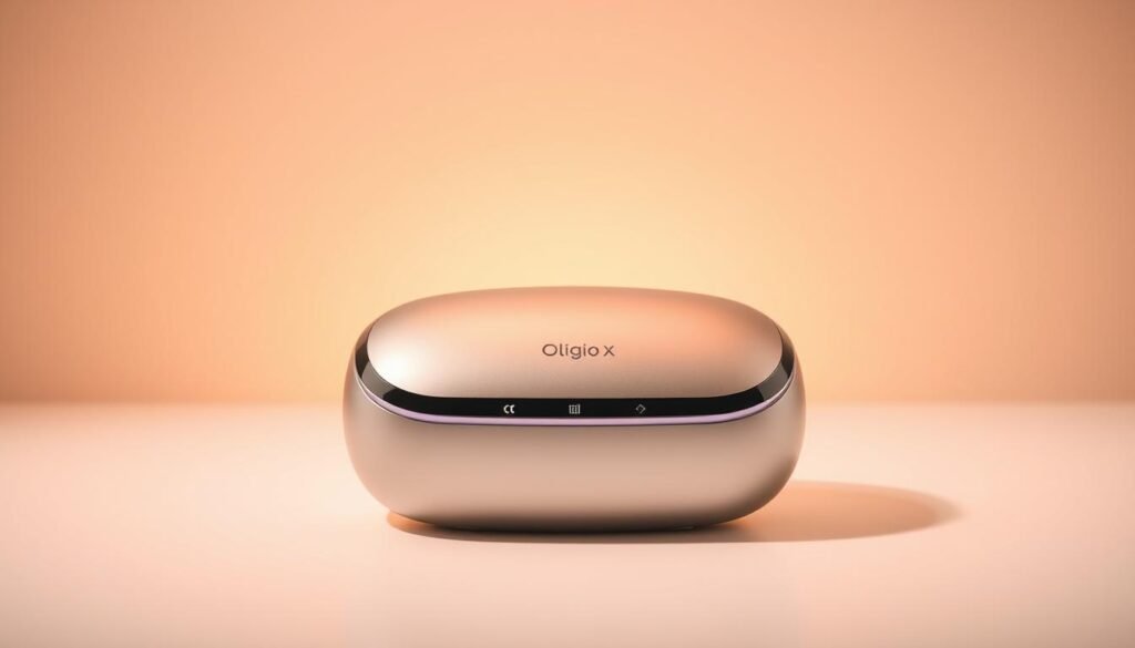 A high-resolution, close-up shot of the "Oligio X 原美電波" product from the Glowin Beaute brand. The device is depicted against a clean, minimalist background, illuminated by soft, warm lighting that highlights its sleek, modern design. The product is centered in the frame, capturing its key features in vivid detail - the smooth, metallic surface, the subtle control buttons, and the distinct "Oligio X" branding. The overall composition conveys a sense of sophistication and technological prowess, reflecting the product's unique strengths and reliability as highlighted in the article's section title.