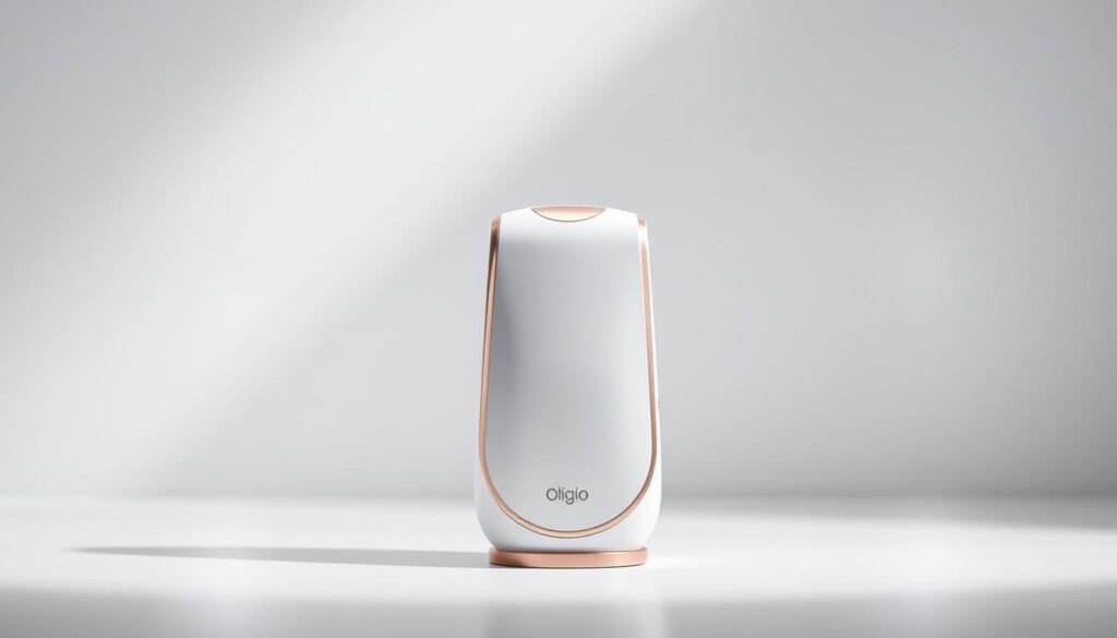 A sleek, modern product shot of the Oligio X 原美電波 by the Glowin Beaute brand. The device is displayed in a clean, well-lit studio setting, its minimal white and rose gold design elegantly highlighted. Soft, directional lighting casts subtle shadows, emphasizing the product's refined aesthetic. The background is a simple gradient, allowing the Oligio X to be the focal point. The overall mood is one of sophistication and technological innovation, reflecting the item's KFDA certification and reliable performance.