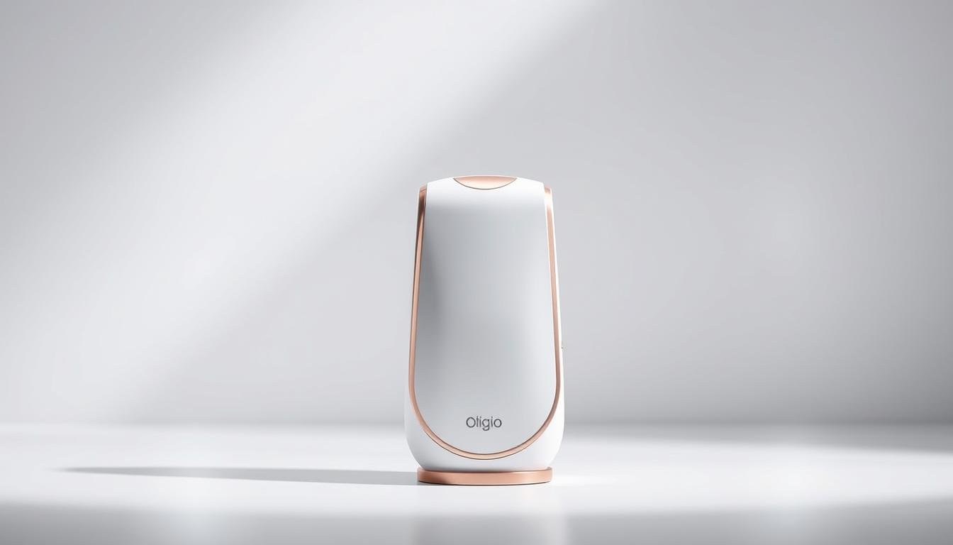 A sleek, modern product shot of the Oligio X 原美電波 by the Glowin Beaute brand. The device is displayed in a clean, well-lit studio setting, its minimal white and rose gold design elegantly highlighted. Soft, directional lighting casts subtle shadows, emphasizing the product's refined aesthetic. The background is a simple gradient, allowing the Oligio X to be the focal point. The overall mood is one of sophistication and technological innovation, reflecting the item's KFDA certification and reliable performance.
