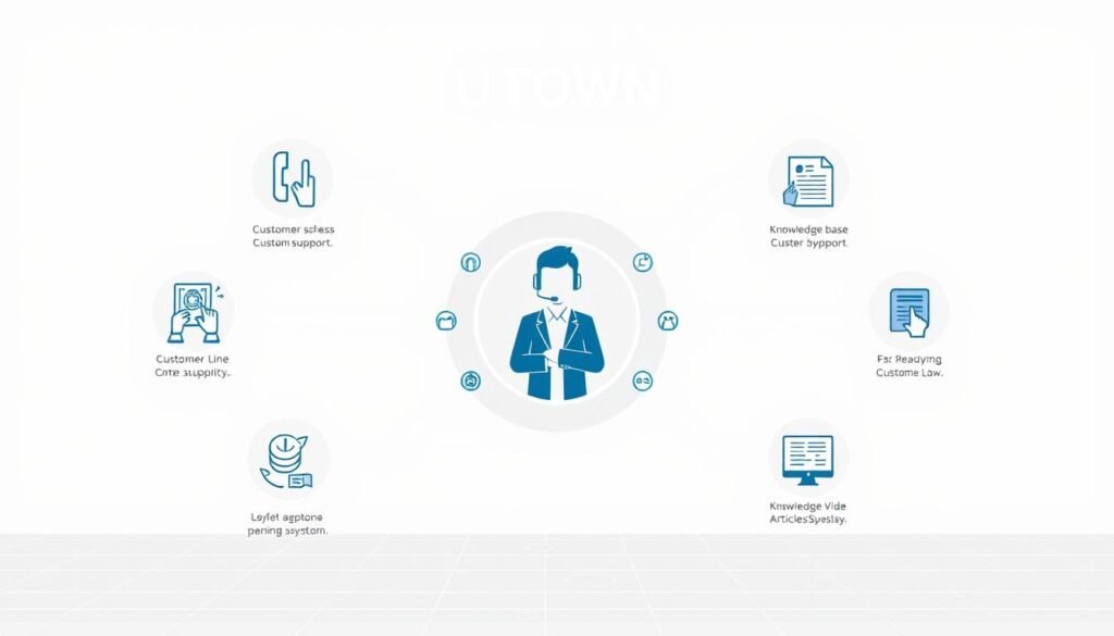 A stylized technical diagram showcasing the professional customer support workflow for the UTown cryptocurrency payment system. Set against a clean, minimalistic backdrop, the foreground depicts a series of interconnected steps, each represented by distinct icons and illustrations. The middle ground features a centralized customer service agent, surrounded by various communication channels like phones, chat interfaces, and knowledge base articles. The background subtly conveys a sense of digital infrastructure, with subtle grid patterns and geometric shapes hinting at the underlying technical complexity. The overall mood is one of efficiency, reliability, and attention to detail, reflecting the UTown brand's commitment to providing top-tier customer support.