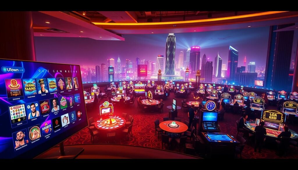 A vibrant and dynamic scene depicting the UTown entertainment payment integration system. In the foreground, a sleek and modern user interface showcases various gaming options, from casino-style slots to live dealer tables, all seamlessly integrated with the UTown payment platform. The middle ground features a panoramic view of a bustling virtual casino, with neon-lit gaming tables and excited players. In the background, a stunning cityscape with towering skyscrapers and a vibrant nightlife creates an immersive atmosphere. The overall composition is illuminated by warm, cinematic lighting, captured through a wide-angle lens to convey a sense of grandeur and excitement. The mood is one of dynamic energy, innovation, and the thrill of cutting-edge entertainment and finance integration.