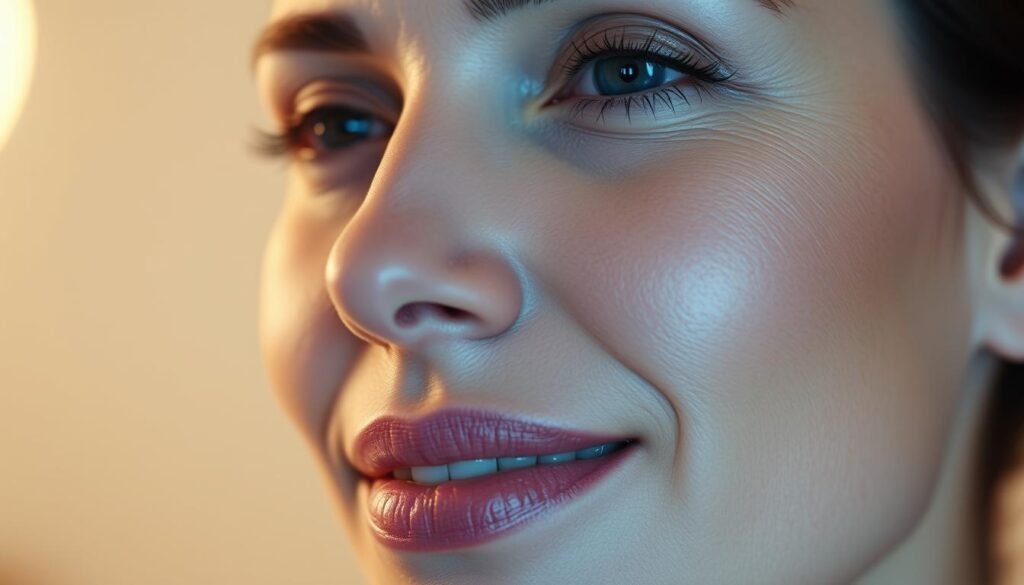 A close-up portrait of a woman's face, showcasing the long-lasting results of the Glowin Beaute Oligio X original radio frequency treatment. Smooth, glowing skin with a natural, healthy radiance. Gentle, warm lighting accentuates the refined facial contours and lifted appearance. The image conveys a sense of rejuvenation and confidence, captured with a soft, cinematic depth of field. The woman's expression exudes a serene, satisfied calmness, reflecting the lasting efficacy of the Oligio X procedure.
