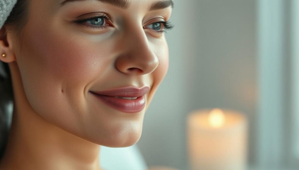A close-up shot of a woman's face, with her skin glowing radiantly. Her complexion appears smooth, even, and luminous, with a natural, healthy-looking glow. The lighting is soft and flattering, accentuating the natural contours of her face. The image has a serene, spa-like atmosphere, conveying a sense of relaxation and rejuvenation. In the foreground, the woman's face is the primary focus, while the background is subtly blurred, creating a sense of depth and emphasis on the skin. The image showcases the immediate, visible results of the "Oligio X 原美電波療程" by Glowin Beaute, highlighting its ability to revitalize and enhance the skin's appearance.