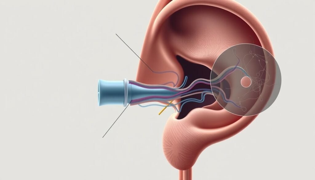 A detailed anatomical illustration of the inner ear, focused on the mechanisms behind water imbalance. The image showcases the middle and inner ear structures, including the cochlea, vestibular system, and associated fluid channels. Rendered in a technical, scientific style using a muted color palette, with cross-sectional views to highlight the complex pathways of the endolymph and perilymph. Precise, technical lighting illuminates the intricate details, while a clean, minimalist background emphasizes the subject. The overall composition conveys a sense of analytical depth, guiding the viewer to understand the underlying causes of the water imbalance condition.