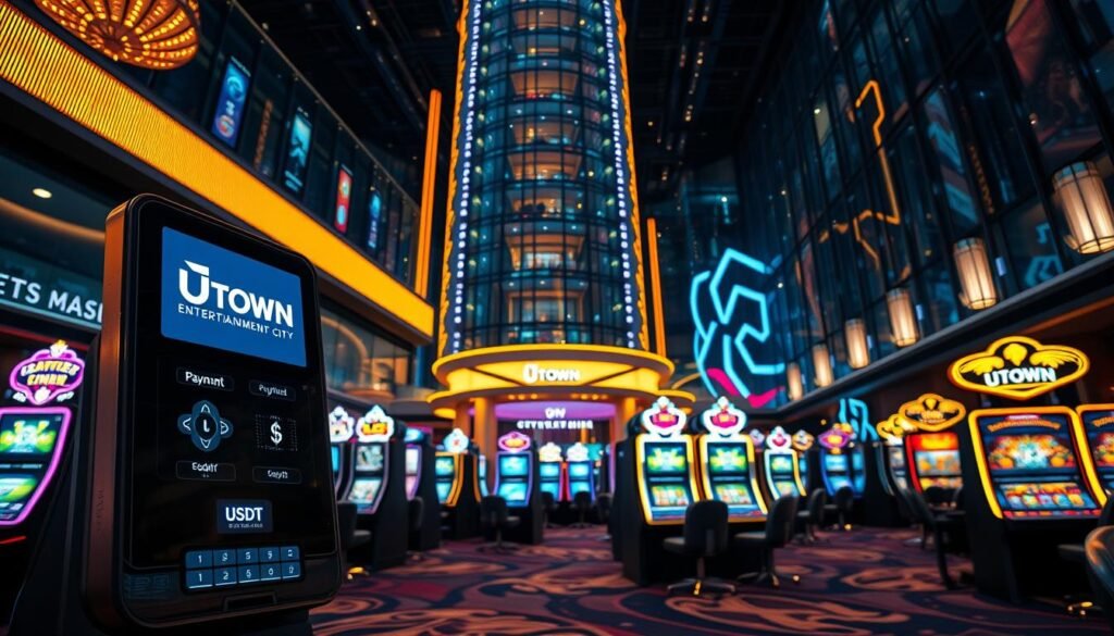 A detailed and technologically advanced casino scene, showcasing the futuristic UTown Entertainment City. In the foreground, a sleek payment terminal displays the UTown logo and accepts USDT cryptocurrency. The middle ground features various gaming stations, each with a vibrant and captivating display. The background is dominated by a towering, glass-encased structure adorned with neon accents, creating an atmosphere of technological sophistication and innovative gaming experiences. Elegant lighting casts a warm glow, evoking a sense of excitement and anticipation. The scene is captured with a wide-angle lens, emphasizing the scale and grandeur of the UTown casino environment.