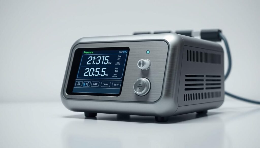 A high-quality, detailed medical device display showing an iCareCPAP sleep apnea machine with pressure settings clearly visible on a digital interface. The device is positioned in the foreground, with a clean, minimalist background. Crisp lighting highlights the brushed metal casing and intuitive control panel. The display showcases the numerical pressure values in a legible, informative manner, reflecting the technical requirements of sleep apnea treatment. The overall image conveys a sense of precision, functionality, and professionalism suitable for a medical publication.