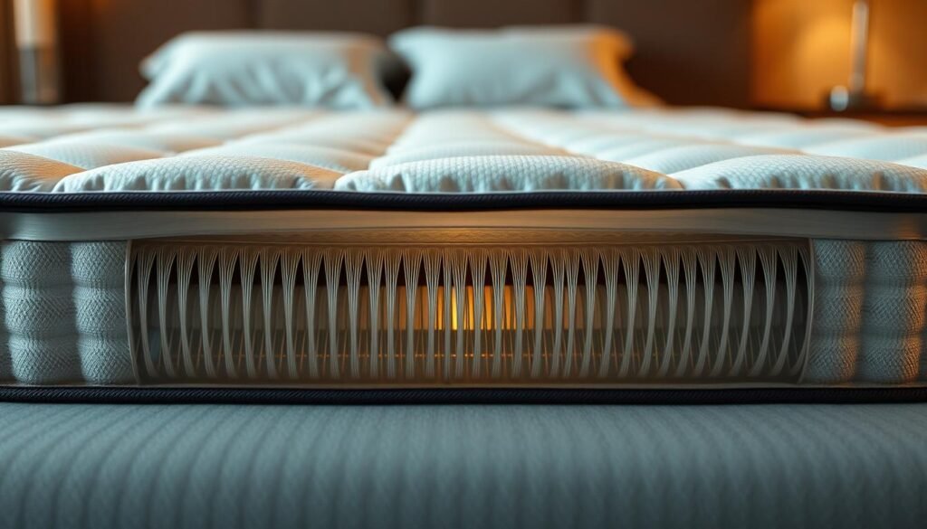 A high-quality independent pocket spring mattress from StylesMaven, showcasing its superior construction and sleep benefits. A detailed close-up view reveals the intricate inner workings - rows of individually encased coils, providing precise targeted support and minimizing motion transfer for a peaceful, uninterrupted slumber. The mattress is displayed in a soft, warm lighting setup, emphasizing its plush, luxurious appearance and inviting texture. The overall scene conveys a sense of comfort, relaxation, and the rejuvenating power of a restful night's sleep on this advanced bedding solution.