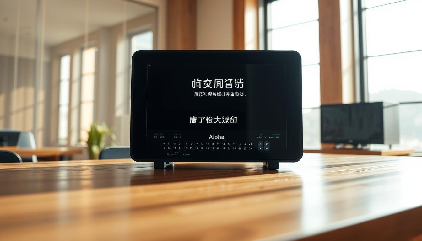 A high-quality subtitle machine, the Aloha 字幕機, centered in the frame. Its sleek, minimalist design in a matte black finish, with a large LED display showcasing crisp, clear subtitles. The device sits on a polished wooden desk, bathed in warm, natural lighting filtering through large windows. The background is slightly blurred, emphasizing the subtitle machine as the focal point. The overall mood is one of professional, efficient subtitling – a tool to create high-quality captions for a variety of media.
