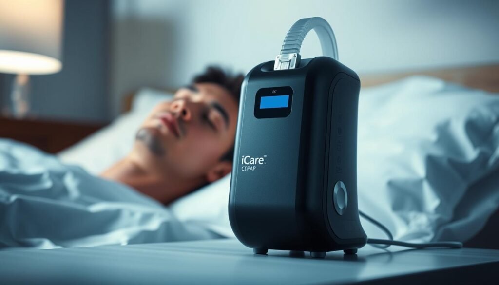 A high-tech, sleek iCareCPAP sleep apnea machine prominently displayed in the foreground. The device features a minimalist, modern design with clean lines and a smooth, matte black finish. Soft, diffused lighting illuminates the machine, creating a calming, clinical atmosphere. In the middle ground, a person's head and shoulders are visible, their eyes closed, indicating the machine's use during sleep. The background is blurred, with subtle shadows and highlights to draw the viewer's attention to the central device. The overall impression is one of advanced medical technology and its role in facilitating restful, restorative sleep.