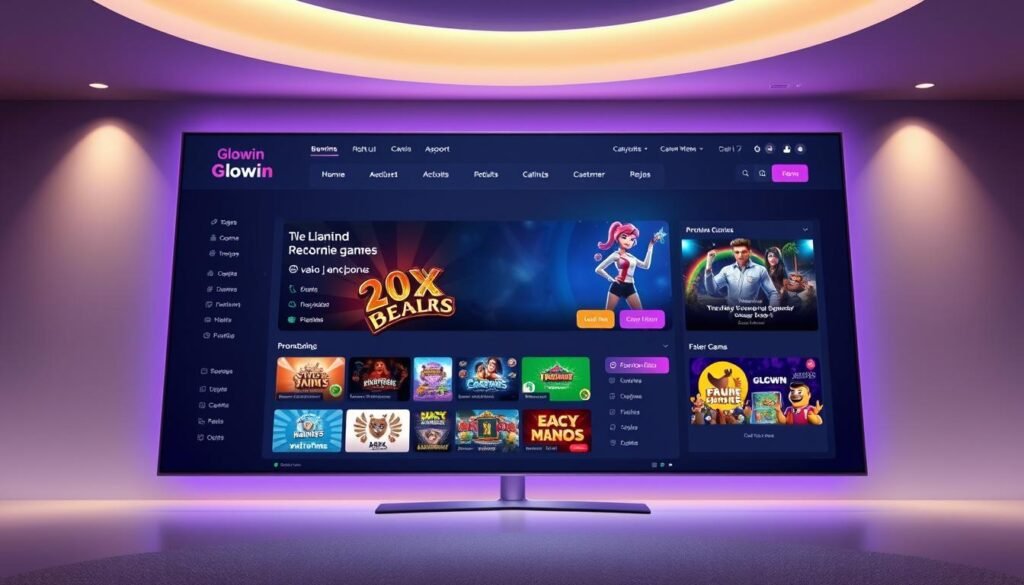 A modern, intuitive web interface for Glowin Beaute entertainment center. A large central display showcases featured games and promotions, framed by clean, minimalist UI elements. The layout is balanced and easy to navigate, with clear sections for account management, game selection, and customer support. Soft, indirect lighting casts a warm, inviting glow across the screen. The overall aesthetic is sleek, professional, and designed to provide an effortless online gambling experience.