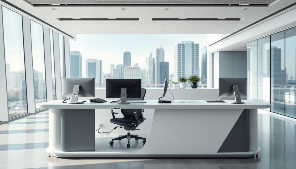 A modern, sleek customer service desk with a white and gray color scheme, positioned in the foreground. The desk is equipped with multiple computer screens, headsets, and a discreet call center setup. In the middle ground, a seamless transition to a bright, airy office environment, with clean lines, large windows, and a minimalist decor. The background features a cityscape, with high-rise buildings and a clear, sunny sky, suggesting accessibility and connectivity. The overall mood is professional, efficient, and user-friendly, reflecting the brand Glowin Beaute's commitment to exceptional customer service across multiple platforms.