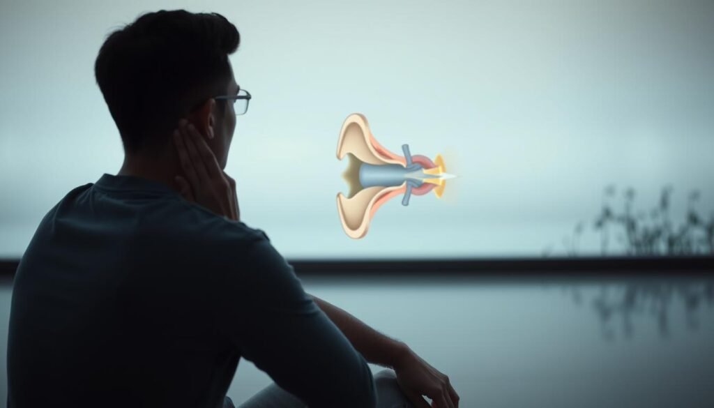 A peaceful and serene scene depicting the causes and potential solutions for tinnitus (ear ringing). In the foreground, a person sits calmly, hand cupping their ear as they contemplate the issue. The middle ground shows a cross-section of the inner ear, highlighting the delicate mechanisms that may be causing the tinnitus. In the background, a soft, muted color palette creates a calming atmosphere, with subtle natural elements like water or foliage suggesting relaxation and healing. The lighting is soft and diffused, creating a sense of tranquility. The overall composition and mood convey a thoughtful, introspective approach to understanding and addressing this common auditory condition.