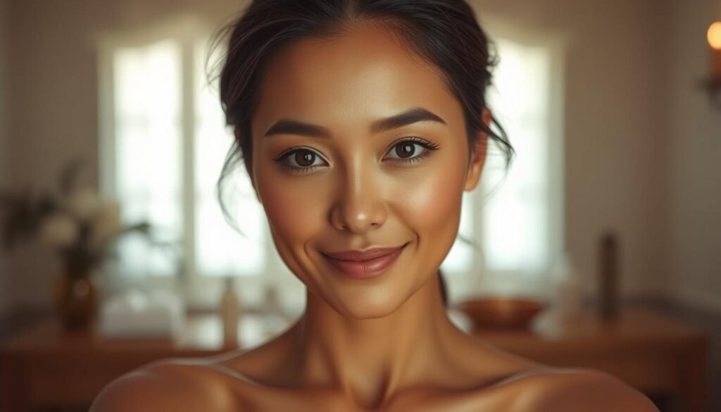 A serene, softly-lit scene depicting the long-lasting effects of Glowin' Beaute's Oligio X 原美電波treatment. In the foreground, a woman's youthful, radiant face fills the frame, her skin glowing with a healthy, moisturized sheen. Behind her, a blurred background suggests an elegant, spa-like setting, with subtle lighting casting a warm, inviting atmosphere. The woman's expression conveys a sense of relaxation and contentment, reflecting the treatment's ability to restore the skin's natural suppleness and resilience. The overall image evokes a feeling of timeless beauty and enduring rejuvenation, perfectly capturing the "therapy effect" of the Oligio X 原美電波.