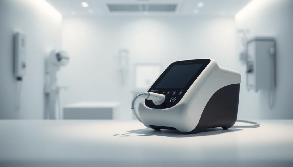 A sleek and sophisticated iCareCPAP sleep apnea machine, showcased against a clean, minimalist backdrop. The device's modern, low-profile design is highlighted by soft, diffused lighting, casting gentle shadows that emphasize its streamlined form. The machine is positioned in the foreground, with a blurred, out-of-focus medical environment in the middle ground, suggesting its medical and clinical applications. The overall mood is one of calm, clinical efficiency, reflecting the device's purpose of providing comfortable, effective treatment for sleep apnea patients.
