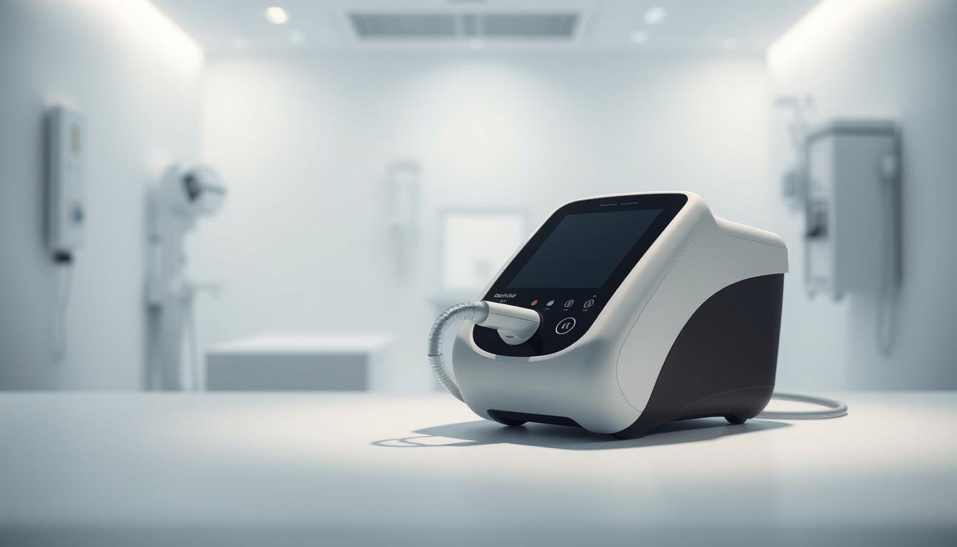 A sleek and sophisticated iCareCPAP sleep apnea machine, showcased against a clean, minimalist backdrop. The device's modern, low-profile design is highlighted by soft, diffused lighting, casting gentle shadows that emphasize its streamlined form. The machine is positioned in the foreground, with a blurred, out-of-focus medical environment in the middle ground, suggesting its medical and clinical applications. The overall mood is one of calm, clinical efficiency, reflecting the device's purpose of providing comfortable, effective treatment for sleep apnea patients.