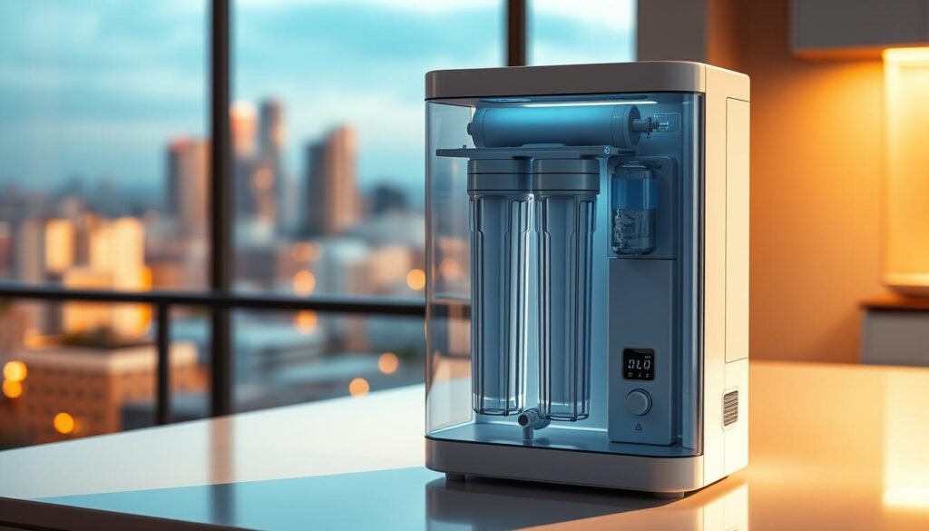 A sleek, modern water purifier system with a transparent housing showcasing its state-of-the-art filtration components. The device sits on a minimalist countertop, bathed in warm, diffused lighting that accentuates its clean, functional design. In the background, a blurred cityscape vista suggests an urban, health-conscious setting. The purifier's controls and readouts are neatly integrated, conveying a sense of precision and reliability in monitoring water quality. The overall composition evokes a balance of advanced technology and domestic comfort, reflecting the article's focus on ensuring drinking water safety through effective filtration.