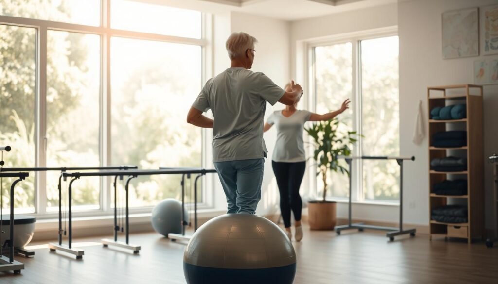 A sunlit physical therapy clinic with a patient performing balance and coordination exercises on a therapy ball. In the foreground, a physiotherapist guides the patient's movements, offering encouragement. In the middle ground, parallel bars and other rehabilitation equipment stand ready. The background features a tranquil garden view through large windows, promoting a sense of healing and recovery. Soft, natural lighting casts a warm glow, and the overall scene conveys a serene, nurturing atmosphere conducive to vestibular rehabilitation.