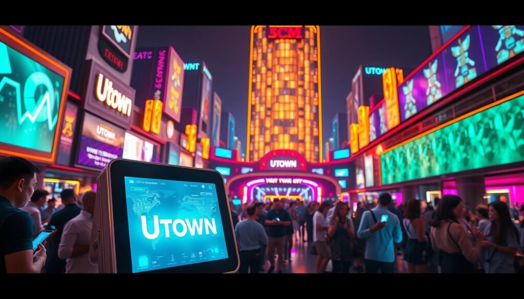 A vibrant and futuristic scene depicting the UTown Entertainment City, showcasing its state-of-the-art cryptocurrency payment system. In the foreground, a sleek and modern terminal displays the UTown logo, surrounded by holographic interfaces and digital transactions. The middle ground features a bustling crowd of patrons, their faces lit by the soft glow of their mobile devices as they participate in the seamless cryptocurrency-based transactions. In the background, the towering architecture of the entertainment complex stands tall, its façade adorned with luminous panels and holographic displays, creating an immersive and technologically advanced atmosphere. Vibrant lighting, high-contrast shadows, and a bold color palette convey the excitement and innovation of UTown's cutting-edge cryptocurrency integration.