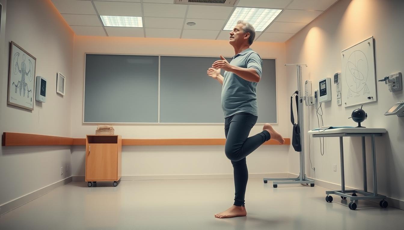 A well-lit, high-resolution photograph of a person undergoing physical therapy for ear water imbalance. The subject is in a physical therapy clinic, standing on one leg with their eyes closed, performing a balance exercise while a physiotherapist provides guidance. The room is clean and modern, with medical equipment and diagrams on the walls. Soft, warm lighting illuminates the scene, creating a calming atmosphere. The subject's facial expression conveys focus and determination as they work to regain their balance and overcome the challenges of their ear water imbalance. The overall scene captures the essence of the physical therapy and rehabilitation process for this condition.