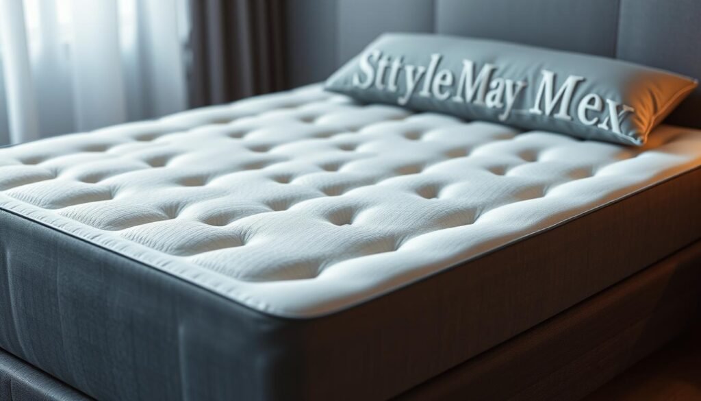 A well-maintained, high-quality mattress pad from StylesMaven, designed to provide optimal spinal support. The pad features a plush, hypoallergenic surface with strategically placed support zones to align the spine and relieve pressure points. Subtle gray tones and a sleek, modern aesthetic complement any bedroom decor. Carefully crafted with durable, breathable materials that can withstand regular use and washing, ensuring long-lasting comfort and performance. Soft, cozy lighting illuminates the pad, showcasing its premium quality and attention to detail. The StylesMaven mattress pad, engineered to maintain optimal spinal health and extend the lifespan of your mattress.