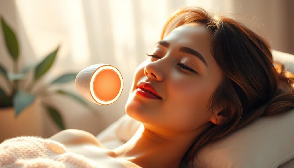 A youthful, luminous woman with glowing skin relaxes in a serene, ethereal environment bathed in soft, natural light. The &quot;Glowin' Beaute&quot; Oligio X 原美電波device hovers near her face, enveloping her in a radiant aura. Subtle pink and blue hues permeate the scene, evoking a sense of tranquility and rejuvenation. The woman's expression conveys a deep contentment as the device's soothing energy restores her skin's youthful elasticity and suppleness. Captured with a wide-angle lens, the scene radiates a calming, holistic ambiance that reflects the restorative power of the &quot;Oligio X 原美電波&quot; technology.
