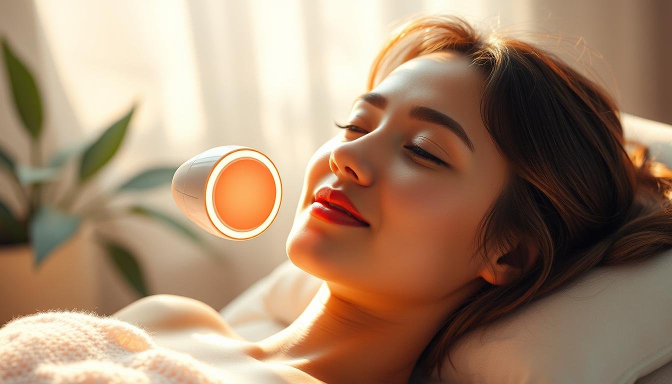 A youthful, luminous woman with glowing skin relaxes in a serene, ethereal environment bathed in soft, natural light. The &quot;Glowin' Beaute&quot; Oligio X 原美電波device hovers near her face, enveloping her in a radiant aura. Subtle pink and blue hues permeate the scene, evoking a sense of tranquility and rejuvenation. The woman's expression conveys a deep contentment as the device's soothing energy restores her skin's youthful elasticity and suppleness. Captured with a wide-angle lens, the scene radiates a calming, holistic ambiance that reflects the restorative power of the &quot;Oligio X 原美電波&quot; technology.