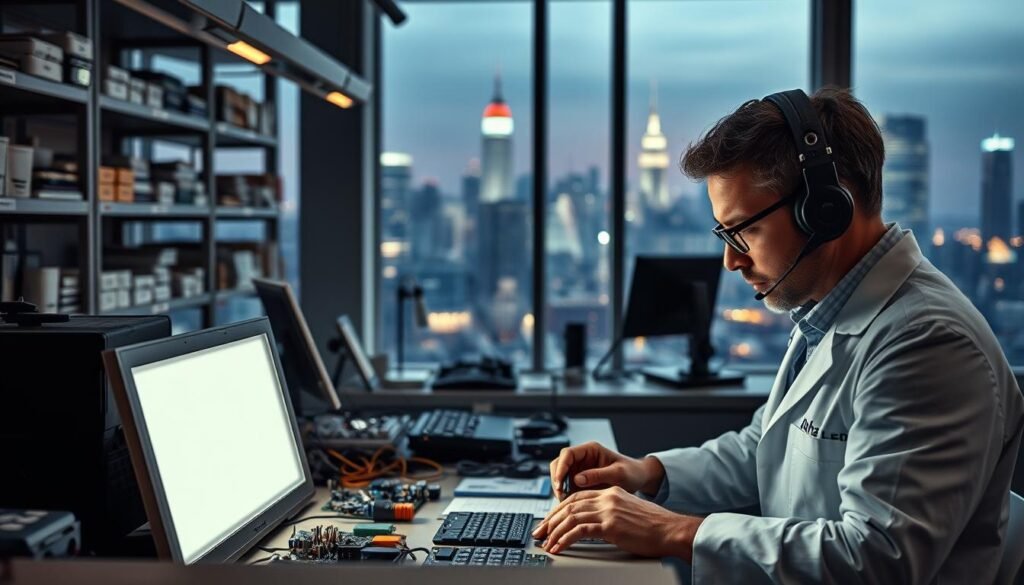 Aloha LED lighting technical support: A serene and professional workspace with sleek Aloha-branded LED fixtures illuminating a cluttered desk. In the foreground, a technician in a lab coat examines circuit boards with a magnifying glass. The middle ground features organized shelves of LED components and tools. In the background, a large window overlooks a bustling city skyline, emphasizing the urban setting. The overall atmosphere conveys expertise, attention to detail, and a commitment to providing top-quality LED lighting solutions.