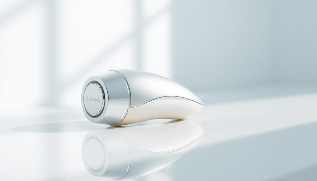 Detailed close-up photograph of the Glowin' Beaute "Oligio X 原美電波" skincare product, showcasing its sleek and modern design. The product is positioned on a reflective, white surface, bathed in soft, diffused lighting that highlights its metallic accents and smooth texture. The image captures the product's key features, such as the ergonomic shape and the brand's logo, conveying a sense of premium quality and technological innovation. The overall mood is clean, minimalist, and visually appealing, befitting the "主要功效與適用部位" section of the article.