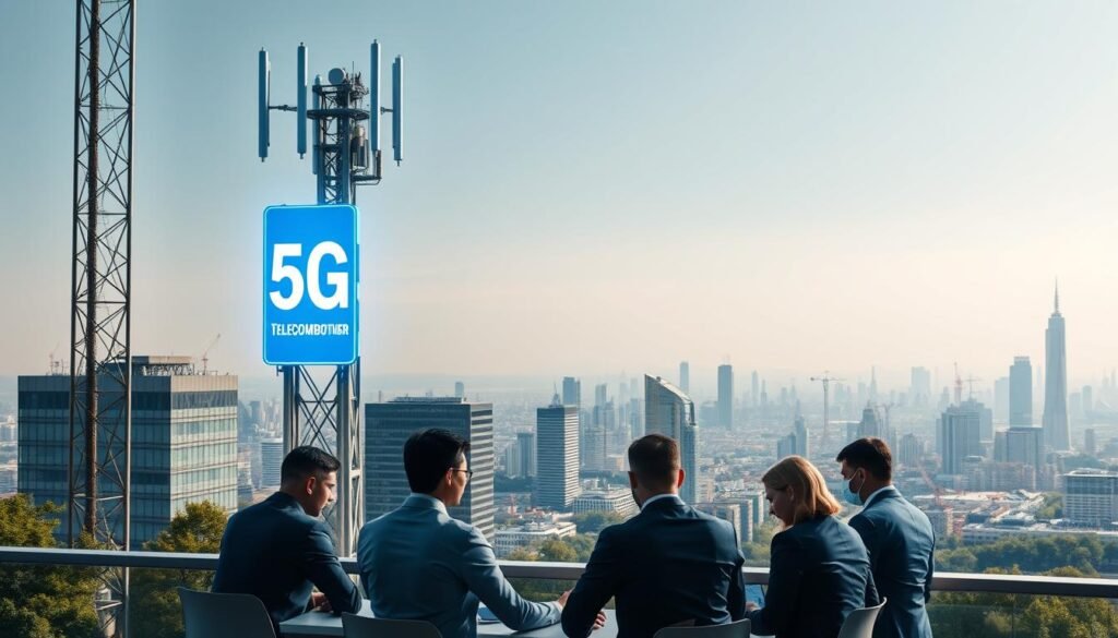 5G cellular tower with Telecombrother logo prominently displayed, casting a futuristic blue glow over a modern cityscape. In the foreground, a group of business people gathered around a table, deep in discussion, their expressions conveying a sense of contemplation and negotiation. The middle ground features sleek, minimalist office buildings, hinting at the administrative nature of the scene. The background showcases a vibrant, bustling metropolis, its skyline dotted with skyscrapers and cranes, symbolizing the rapid technological advancements of the 5G era. The lighting is crisp and directional, creating sharp shadows and highlights that lend a sense of drama and importance to the proceedings. The overall atmosphere is one of progress, innovation, and the complex interplay between technology, business, and policy.