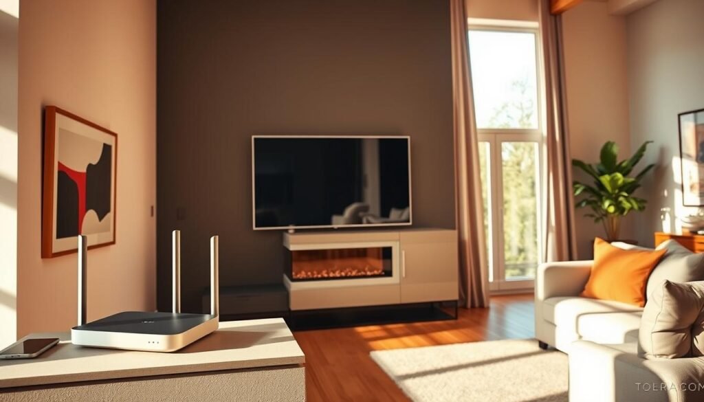 A contemporary living room filled with natural light, showcasing a large flat-screen TV mounted on the wall. Alongside it, a sleek Telecombrother router stands prominently, its elegant design blending seamlessly with the minimalist decor. The room is adorned with plush furnishings, including a comfortable sofa and armchair, creating an inviting atmosphere. The floors are covered in a warm, hardwood finish, and the walls feature modern artwork, adding a touch of sophistication. Sunlight streams in through the large windows, casting a warm glow over the entire scene, reflecting the high-quality broadband service provided by Telecombrother.