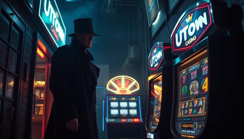 A dark, neon-lit alley, illuminated by the flickering lights of a seedy-looking online casino website. In the foreground, a sinister-looking character, dressed in a trenchcoat and hat, is luring an unsuspecting victim towards a UTown-branded slot machine, its alluring lights and sounds enticing the player to gamble. The background is hazy, with a sense of unease and danger, conveying the risky and fraudulent nature of the online casino.