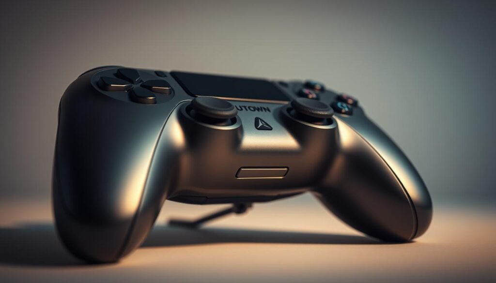 A detailed close-up view of the UTown &quot;雷神之鎚&quot; video game controller, showcasing its intricate design and ergonomic features. The controller is presented against a neutral background, with dramatic lighting that accentuates its metallic finish and sleek lines. The composition emphasizes the controller's size and heft, conveying a sense of power and precision. The scene is captured with a shallow depth of field, gently blurring the background to direct the viewer's attention to the central object. Overall, the image aims to highlight the &quot;雷神之鎚&quot; controller's striking aesthetics and high-quality construction, inviting the viewer to imagine the immersive gaming experience it can provide.