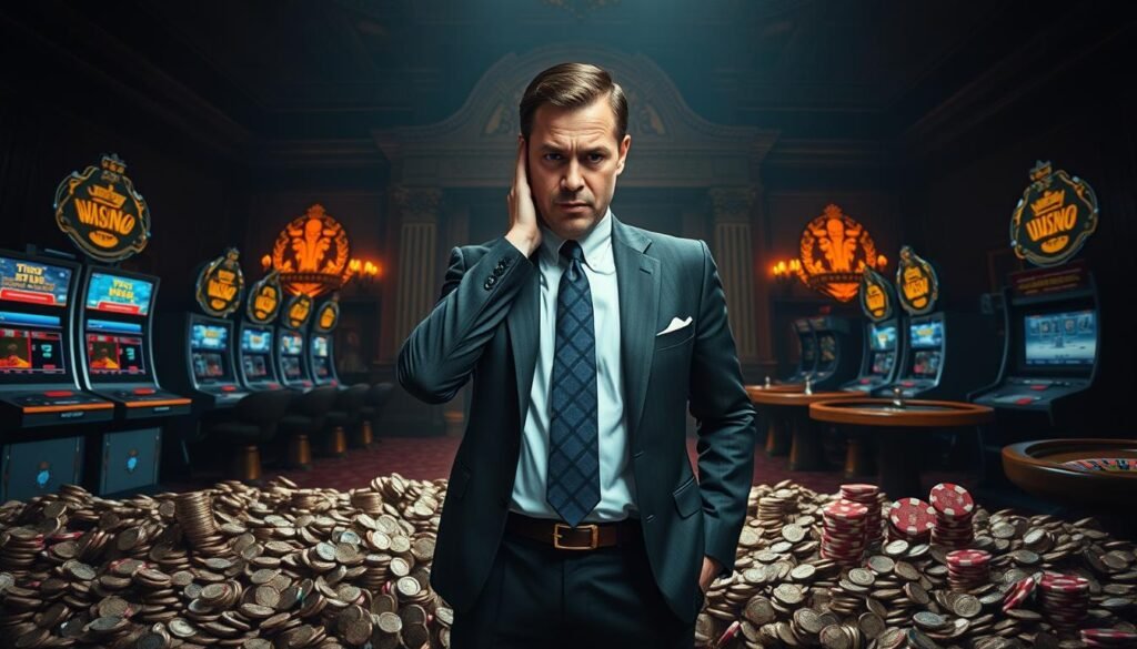A detailed, dynamic scene showcasing the common mistakes in using a UTown casino welcome bonus. A businessman wearing a suit and tie stands perplexed, surrounded by piles of coins and casino chips, with slot machines and roulette wheels in the background. Dramatic lighting casts long shadows, conveying a sense of confusion and regret. The middle ground features a large, ornate casino entrance, hinting at the allure and temptation that can lead to misuse of the bonus. The background is dimly lit, with a sense of opulence and grandeur, yet also a touch of foreboding. The overall mood is one of cautionary tale, highlighting the importance of responsible bonus utilization.