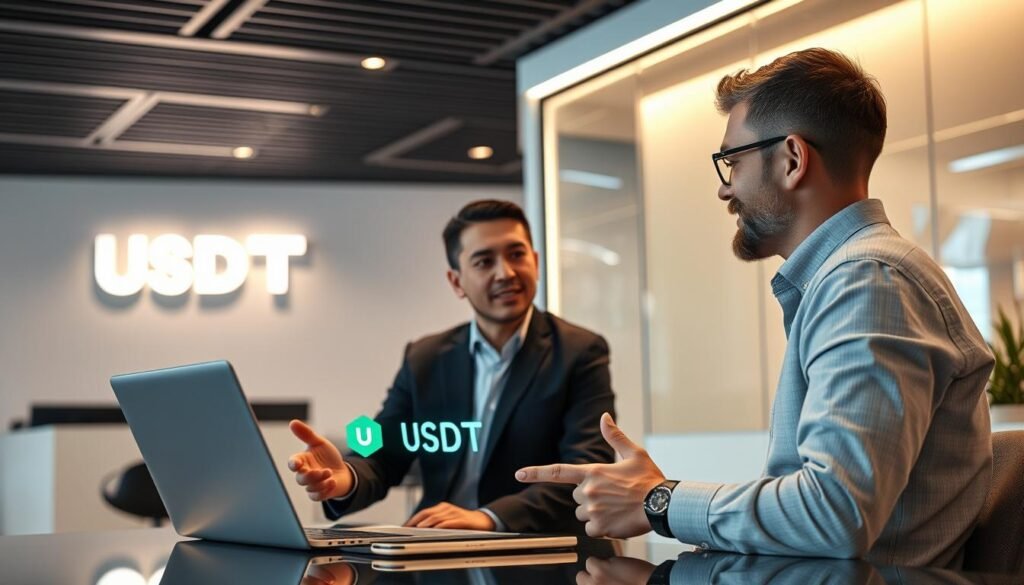 A detailed, high-quality image of a USDT cryptocurrency consultation service offered by UTown entertainment center. The scene shows a modern, well-lit office setting with a minimalist, tech-forward design. In the foreground, a knowledgeable financial advisor is consulting with a customer, gesturing towards a laptop displaying USDT-related information. The background features UTown branding and a sleek, professional atmosphere. Lighting is warm and inviting, with soft shadows and reflections. The camera angle is slightly elevated, giving a sense of authority and expertise. The overall mood conveys trust, reliability, and a commitment to providing excellent crypto-related support.