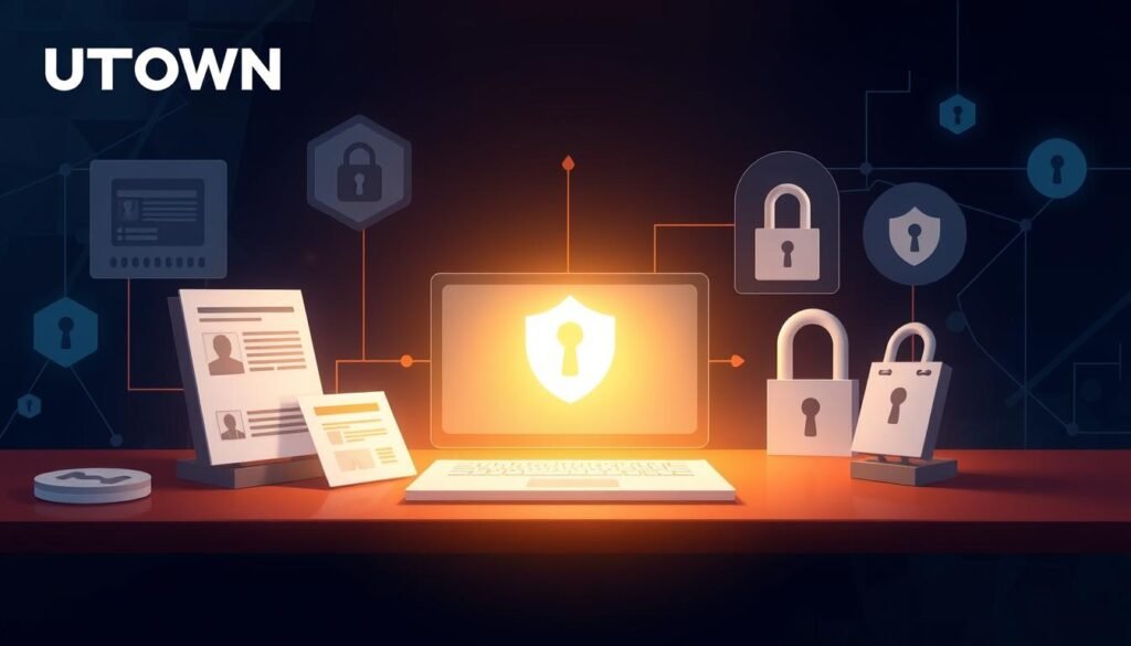 A detailed illustration of the safety verification process for UTown online casino members. Prominent security elements like two-factor authentication, identity document scans, and secure data encryption fill the frame. The scene is bathed in a soft, calming light that conveys a sense of trust and reliability. The background features abstract geometric patterns reminiscent of digital security systems. The overall composition strikes a balance between functional clarity and visual appeal to reflect the seamless, professional nature of UTown's verification workflow.