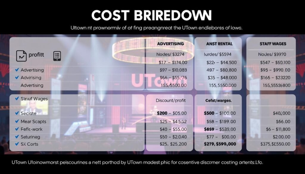 A detailed image of the cost breakdown for a promotional event hosted by UTown entertainment city. The scene depicts various expense items such as advertising, venue rental, staff wages, and discounts/rebates, all clearly visualized in a clean, data-driven infographic style. The image has a professional, analytical tone, with a neutral color palette and minimal decoration to emphasize the financial information. The layout is structured and organized, guiding the viewer's eye through the key cost categories that impact the overall net profit margin.