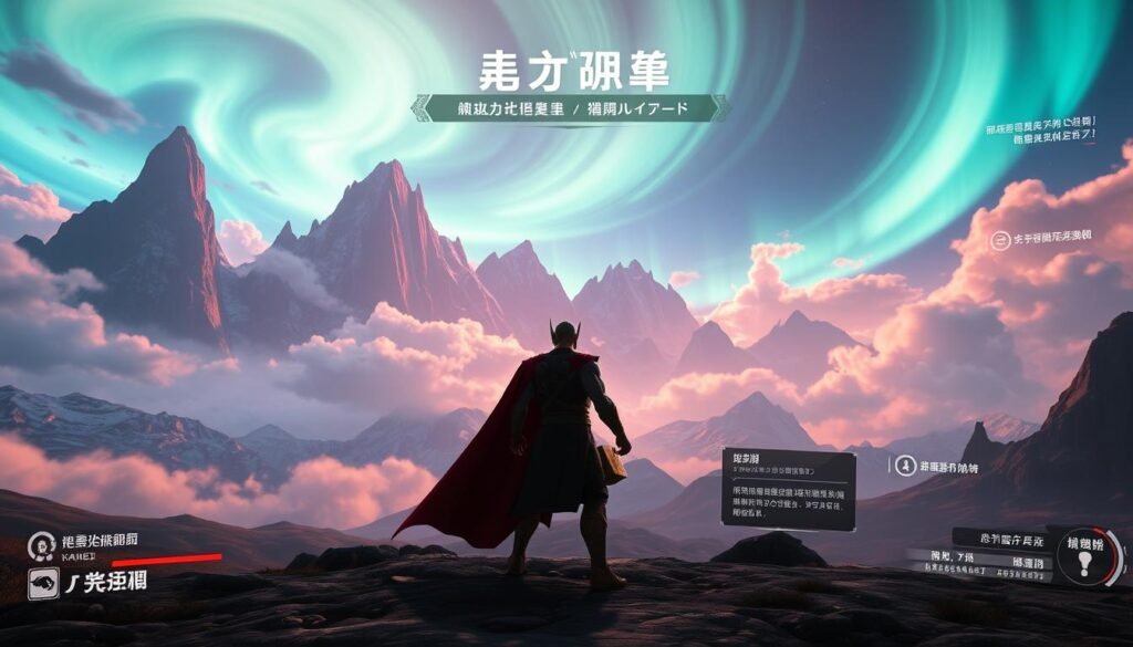 A dynamic, high-resolution image of the "雷神之鎚" video game's tutorial or practice mode, showcasing its key features. The scene depicts a vast, mythical landscape with towering mountains, swirling clouds, and vibrant aurora borealis in the background. In the foreground, the player character, Thor, stands wielding his iconic hammer, Mjolnir, in a ready stance, surrounded by interactive tutorial elements and UI prompts. The lighting is dramatic, with warm hues from the celestial display and cool tones from the environment, creating a sense of awe and immersion. The overall tone conveys the power and majesty of the game's "UTown" world, inviting the player to explore and master the game's mechanics.