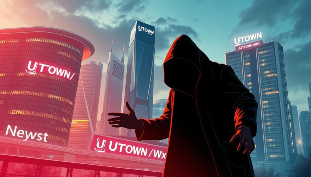 A high-quality, detailed illustration of a fraudulent USDT sports betting scheme, set against a sleek, modern cityscape featuring the UTown brand. The foreground depicts a shadowy figure luring an unsuspecting victim with the promise of easy profits, while the background showcases the gleaming towers and infrastructure of the UTown development, hinting at the deception underlying the scam. The image should convey a sense of unease and caution, with dramatic lighting and a stylized, cinematic aesthetic to drive home the message of financial fraud and the need for vigilance.