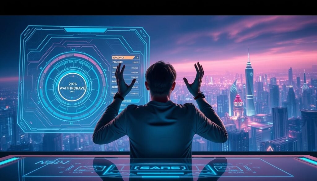 A high-tech, futuristic scene depicting the common issues faced by players when attempting to withdraw funds from the popular online game "UTown's Battle God Sade". In the foreground, a frustrated gamer sits in front of a sleek, holographic interface, hands raised in exasperation. The middle ground showcases intricate, neon-tinged UI elements representing the withdrawal process, while the background depicts a sprawling, cyberpunk-inspired cityscape bathed in a cool, ethereal light. The overall mood is one of technological complexity and the challenges of modern digital finance, set against the backdrop of the immersive world of "UTown".