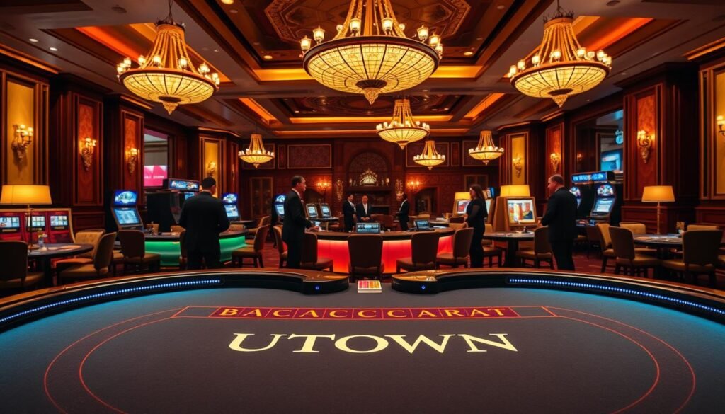 A luxurious casino interior with warm lighting, featuring a prominent baccarat table in the foreground. The table is adorned with UTown branding, inviting players to engage in an immersive gaming experience. In the middle ground, elegant dealers and attentive patrons surround the table, creating an atmosphere of excitement and anticipation. The background showcases the opulent decor of the casino, with ornate chandeliers, plush seating, and a harmonious blend of traditional and modern elements.