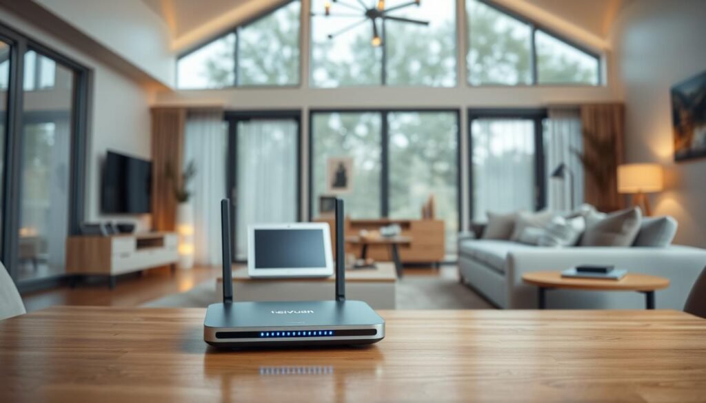 A modern and well-designed home interior with sleek furniture, large windows, and warm lighting. In the foreground, a Telecombrother router sits prominently on a wooden table, its blue status lights indicating a stable high-speed internet connection. The middle ground features a laptop and mobile devices connected seamlessly, highlighting the reliable home broadband service. The background showcases a cozy living space with minimalist decor, conveying a sense of comfort and productivity enabled by the Telecombrother home broadband plan.