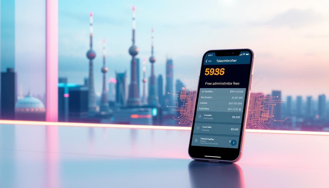 A modern, futuristic scene depicting the Telecombrother 5G Plan offering, showcasing its free administrative fees and cost-saving benefits. The foreground features a sleek, minimalist mobile device displaying the plan's details, with a vibrant, dynamic 5G data visualization pulsing in the background. The middle ground depicts a city skyline with towering 5G towers, conveying the widespread coverage and high-speed connectivity. The lighting is crisp and clean, with a cool, technological tone, emphasizing the advanced nature of the 5G network. The composition is balanced, with the mobile device and data visualization drawing the viewer's attention to the key promotional message.