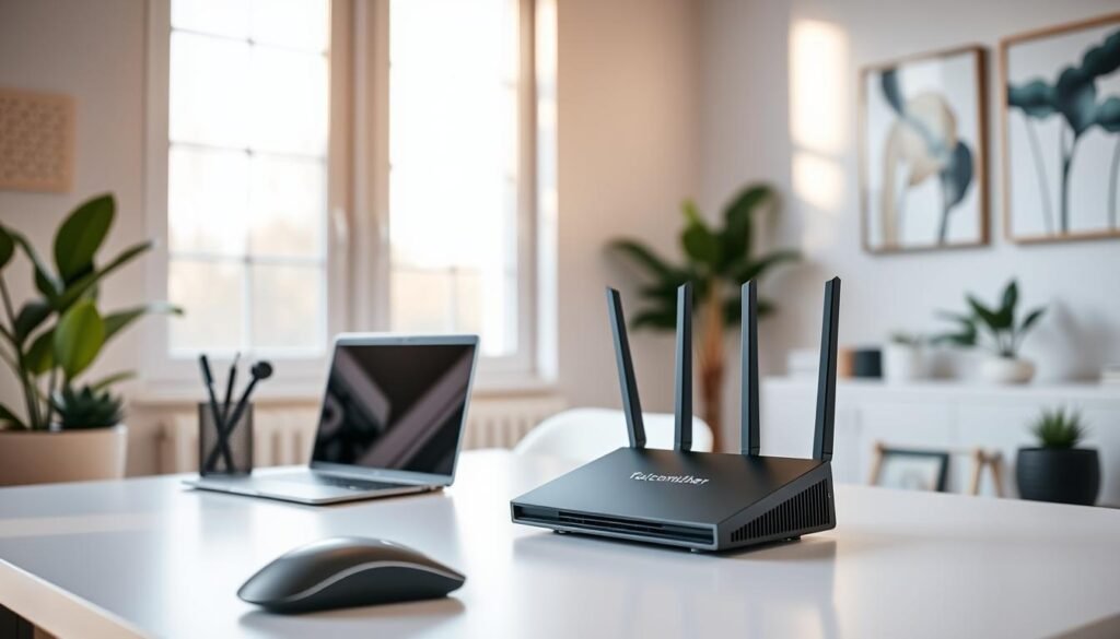 A modern, minimalist home office with a sleek Telecombrother router prominently displayed on a clean, white desk. The room is bathed in warm, natural light filtering through large windows, creating a cozy and productive atmosphere. In the foreground, a laptop and mouse sit ready for work, while the middle ground showcases various productivity accessories like a pen holder and a succulent plant. The background features abstract wall art and a potted plant, complementing the overall aesthetic. The image conveys the idea of reliable, high-speed internet service enhancing the home working experience.