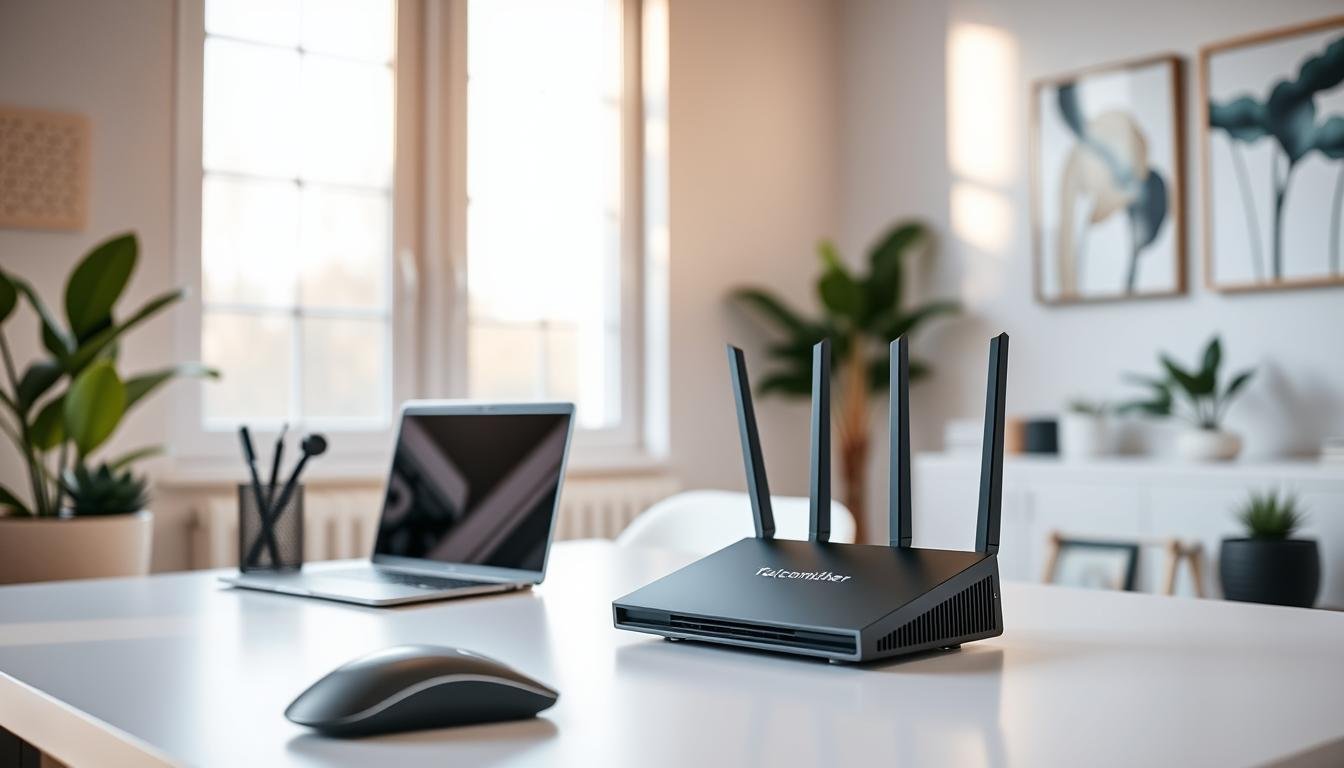 A modern, minimalist home office with a sleek Telecombrother router prominently displayed on a clean, white desk. The room is bathed in warm, natural light filtering through large windows, creating a cozy and productive atmosphere. In the foreground, a laptop and mouse sit ready for work, while the middle ground showcases various productivity accessories like a pen holder and a succulent plant. The background features abstract wall art and a potted plant, complementing the overall aesthetic. The image conveys the idea of reliable, high-speed internet service enhancing the home working experience.