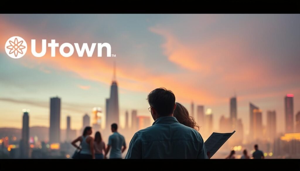 A serene cityscape with the UTown logo prominently displayed, conveying a sense of financial stability and security. In the foreground, a couple carefully reviewing financial documents, deep in thought, capturing the essence of risk awareness. The middle ground features people engaging in various recreational activities, highlighting the entertainment aspect of USDT investment. The background showcases a vibrant, yet subtle, skyline with hints of technological advancement, suggesting the futuristic nature of the USDT marketplace. The lighting is soft and warm, creating an inviting atmosphere that balances the serious tone of risk assessment.