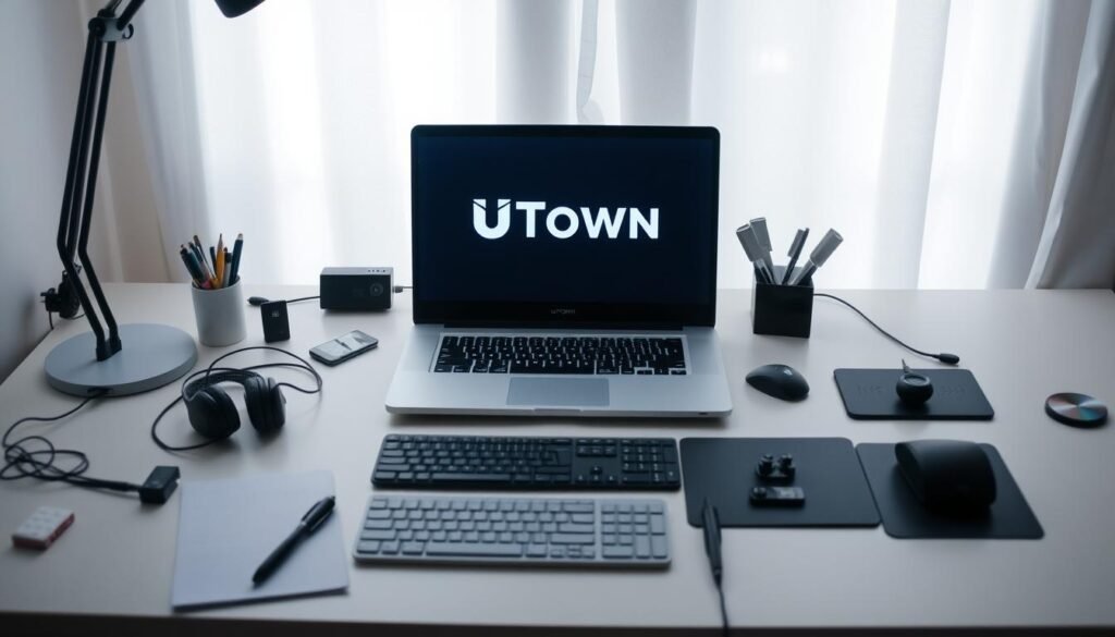 A serene, minimalist desktop setup with a laptop emblazoned with the UTown logo, surrounded by neatly arranged gaming peripherals and stationery. Soft, diffused lighting creates a calming atmosphere, hinting at the focused preparation underway. The composition emphasizes organization and attention to detail, reflecting the care and consideration that goes into the registration process for the Battle God Set game. The overall scene conveys a sense of readiness and anticipation for the journey ahead.