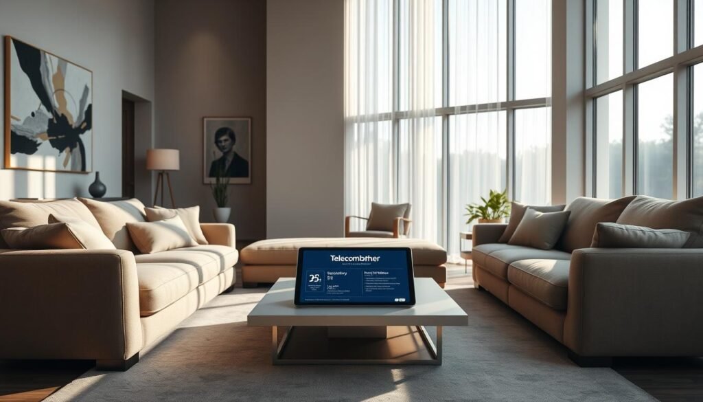 A serene, modern living room with large windows, streaming natural light. In the center, a sleek, minimalist coffee table, showcasing a tablet displaying the Telecombrother logo and service details. Plush, neutral-toned sofas and chairs surround the table, creating a cozy, inviting atmosphere. The walls are adorned with abstract art, complementing the room's contemporary design. Soft, warm lighting illuminates the space, highlighting the high-quality materials and finishes. The overall scene conveys a sense of comfort and technological advancement, reflecting the subject of home broadband service quality and compensation options.