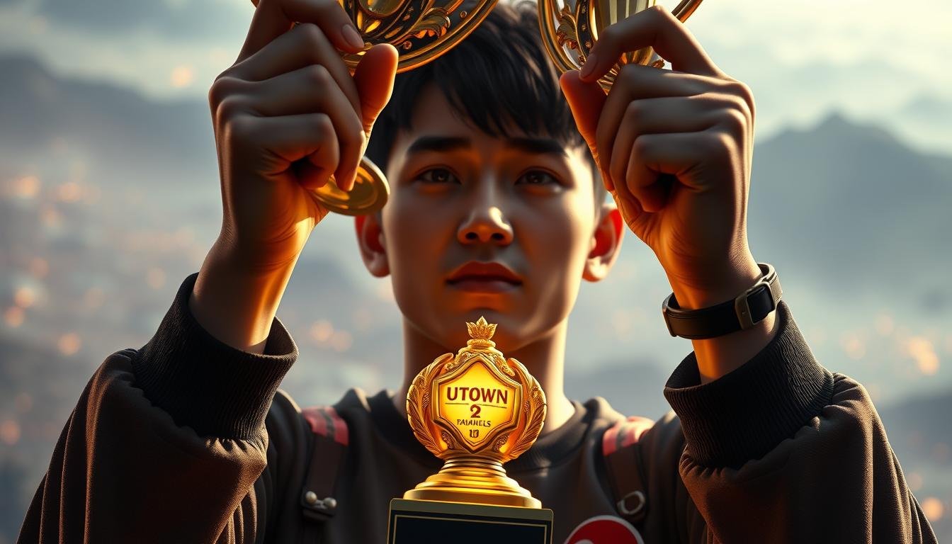 A stunning, hyper-realistic digital illustration depicting a victorious Taiwanese player triumphantly holding up a glowing, golden trophy representing their success in the &quot;UTown&quot; gaming platform. The foreground features the player's hands and trophy, with intricate detailing on the player's clothing and the trophy's ornate design. The middle ground showcases the player's determined expression, conveying a sense of accomplishment and pride. The background is a softly blurred, dreamlike landscape, hinting at the broader context of the player's journey. The lighting is cinematic, casting dramatic shadows and highlights to heighten the sense of drama and achievement. The overall mood is one of celebration, success, and the thrill of a hard-won victory.